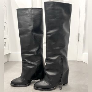 Kalliste black leather knee boots with covered stiletto heel.